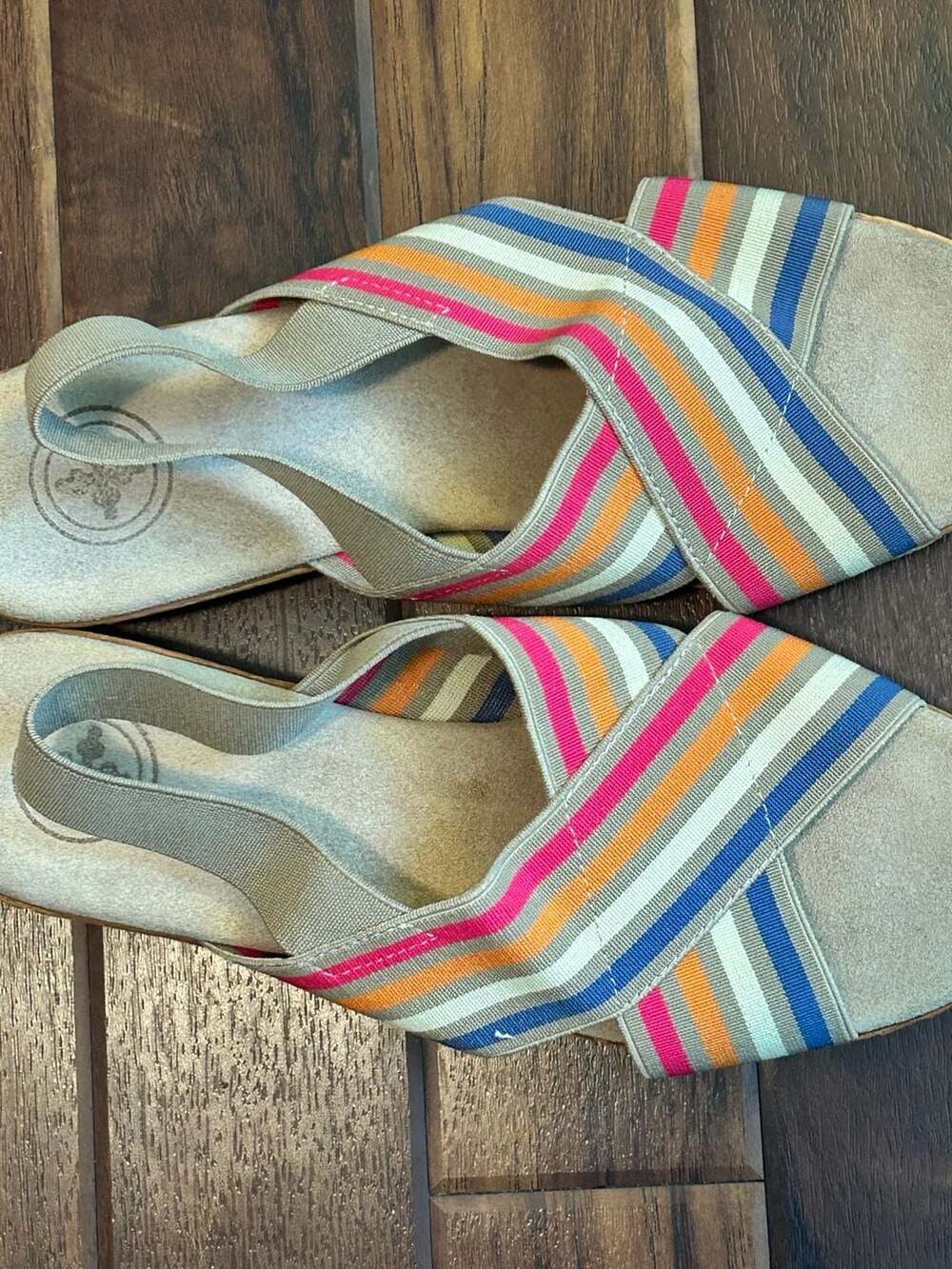 Charleston Shoe Co. Atlantic Stripe Elastic Cross-Strap Wedge Sandals Resort - Picture 4 of 15